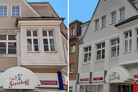 Vorher und Nachher einer Fassadenerneuerung (Foto: Stadt Beckum)