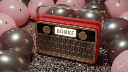 Radio auf einem Teppich mit Ballons im Hintergrund