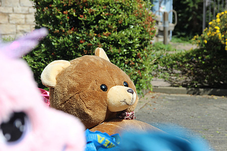 großer Stoffteddybär auf einem Flohmarktstand